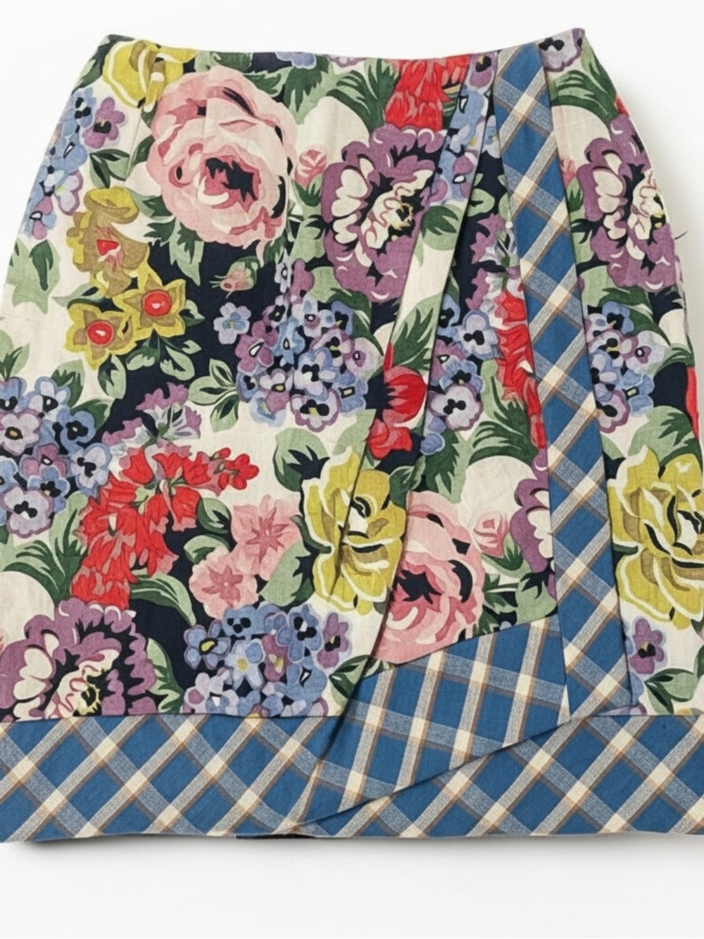 Anne Klein Floral Midi Skirt in Multicolor with Blue Plaid Trim